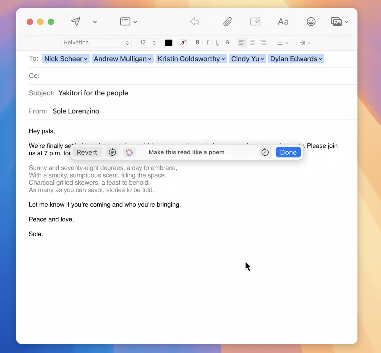 Screenshot from WWDC24 of the new text rewriting engine making an email 'Read like a poem'